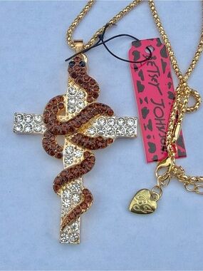 Rare Vintage Betsey Johnson Garden Of Eden Gothic Snake Cross Necklace NWT